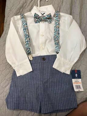 Izod White Shirt with Floral Teal & Orange Bow Tie and Suspenders Set 2T